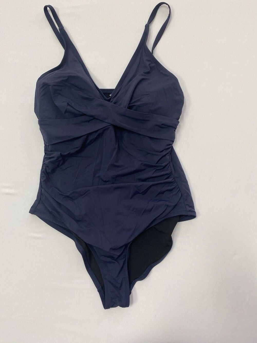 Hilor One Piece Swimsuit Size L 12 Navy Blue Ruched Crossover Bathing Suit